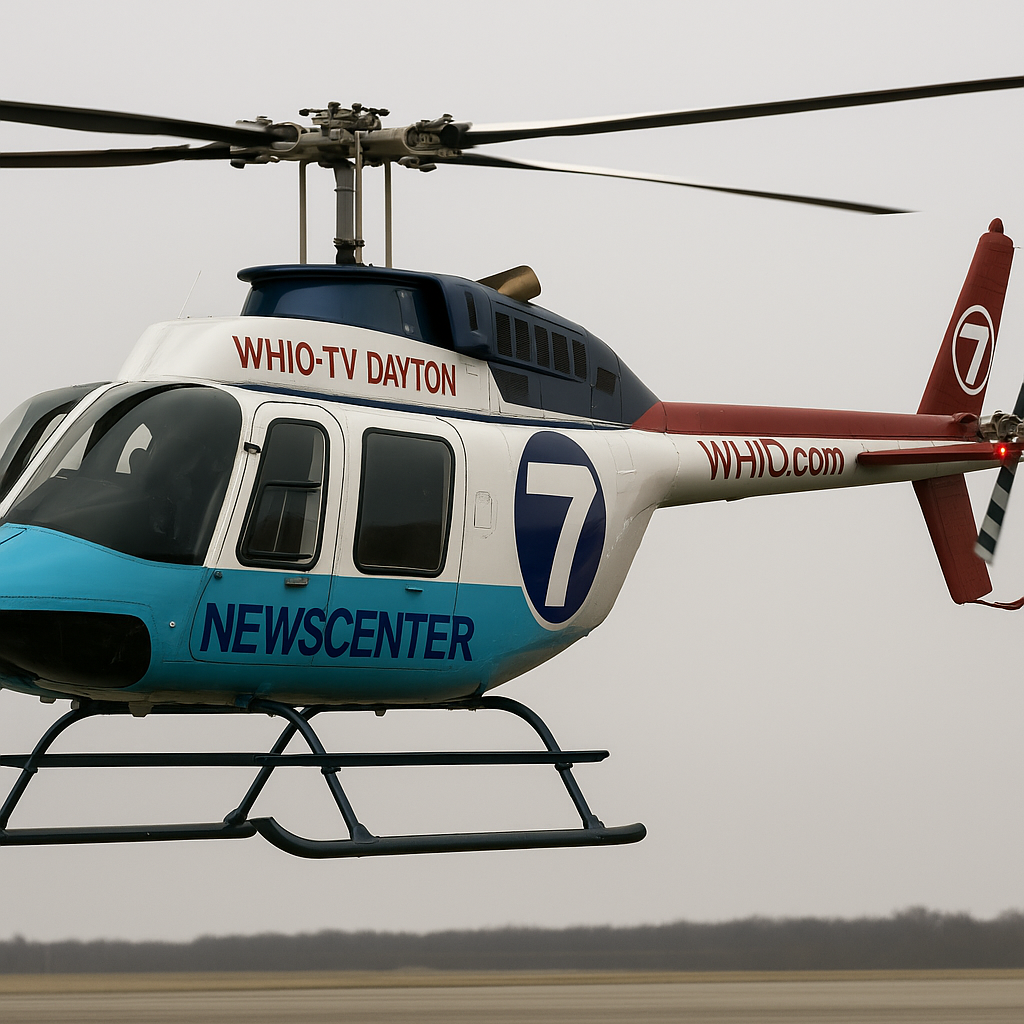A realistic, detailed helicopter in flight, designed for news reporting