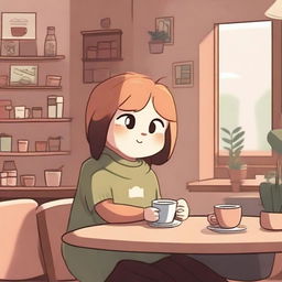 Skuna, a friendly cartoon character, and a lofi aesthetic combined in a cozy coffee shop scene.