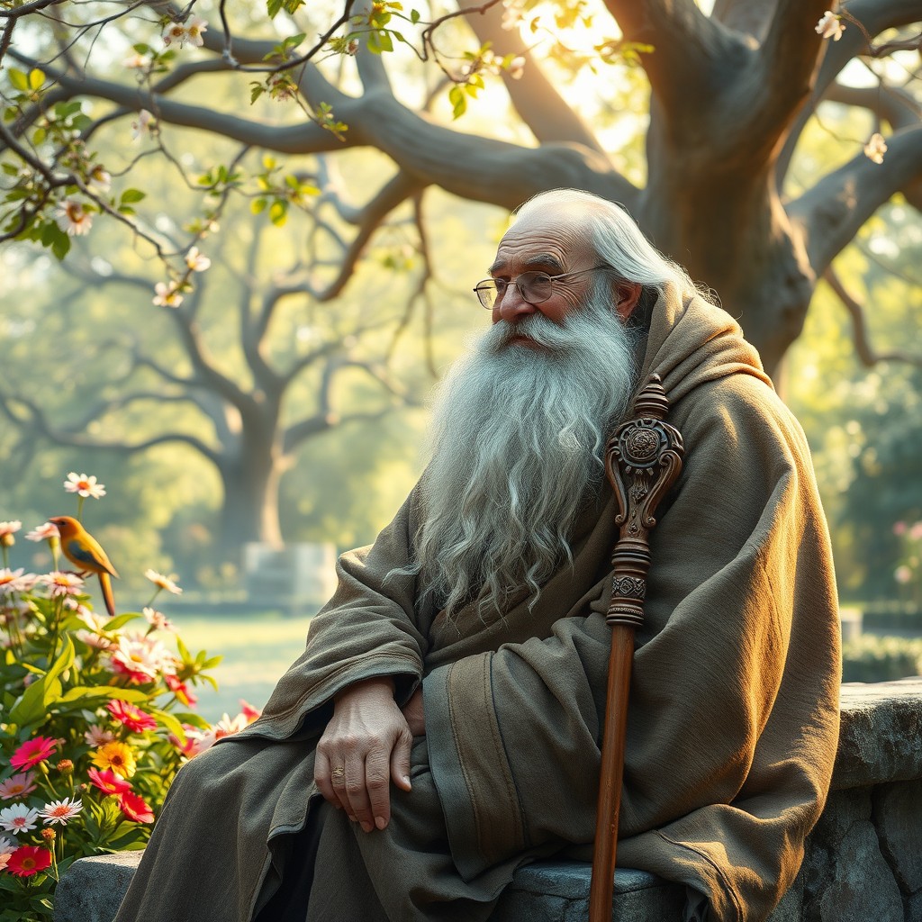 A wise old man with a long white beard, wearing a tattered cloak, sitting on a stone bench in a tranquil garden