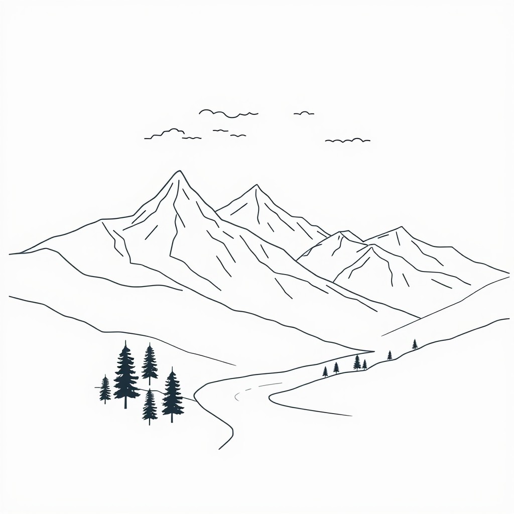 A minimalist line art t-shirt design featuring a serene mountain landscape