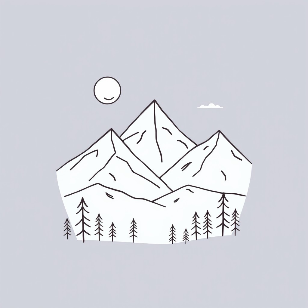 A humorous minimalist line art design for a t-shirt featuring a mountainous landscape