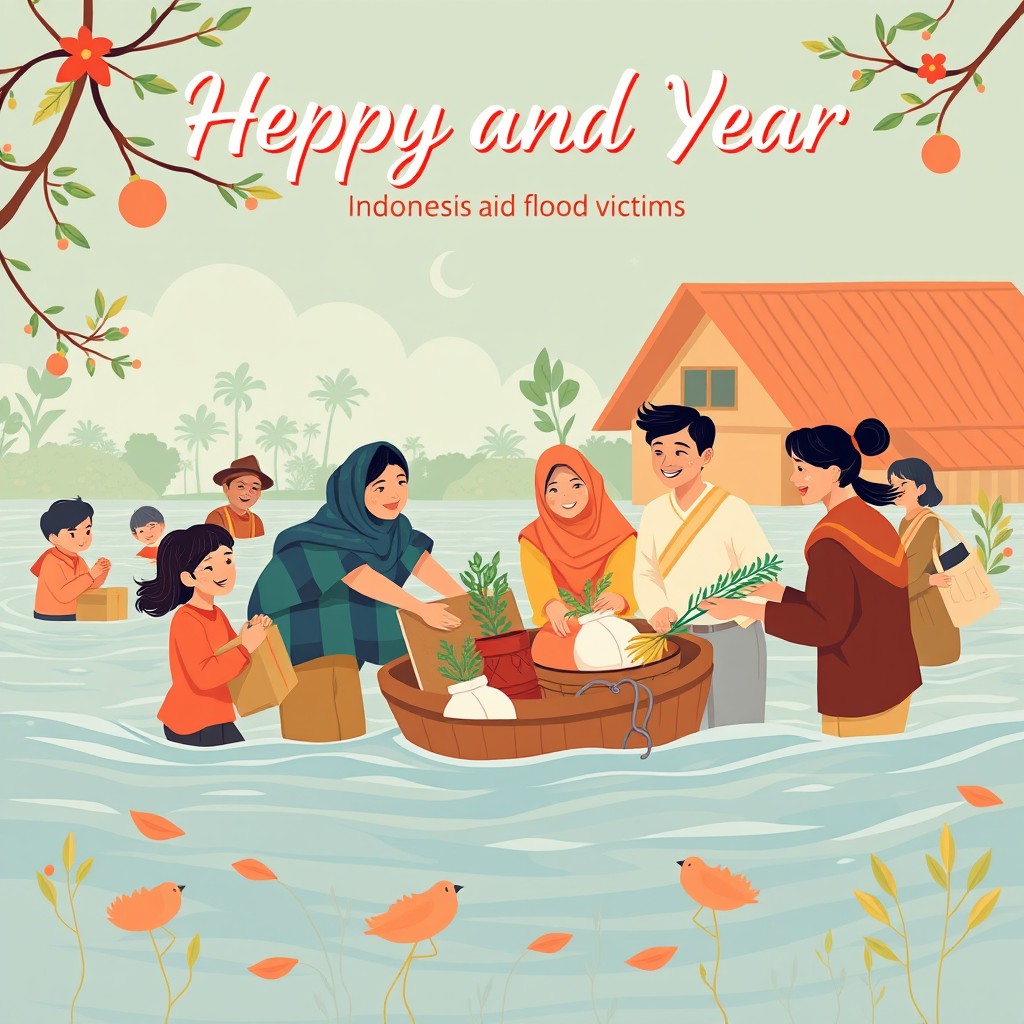 An illustration for a Christmas and New Year greeting card design depicting Indonesian communities working together in harmony to aid flood victims