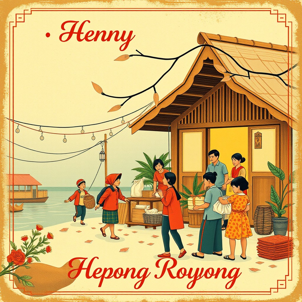 An illustration for a Christmas greeting card design featuring an old vintage theme depicting Indonesian communities coming together in a spirit of gotong royong (mutual assistance) in response to a disaster