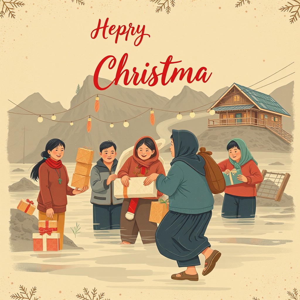 An illustration for a Christmas greeting card design featuring an old vintage theme showcasing Indonesian communities engaging in gotong royong (mutual assistance) during a landslide and flood disaster