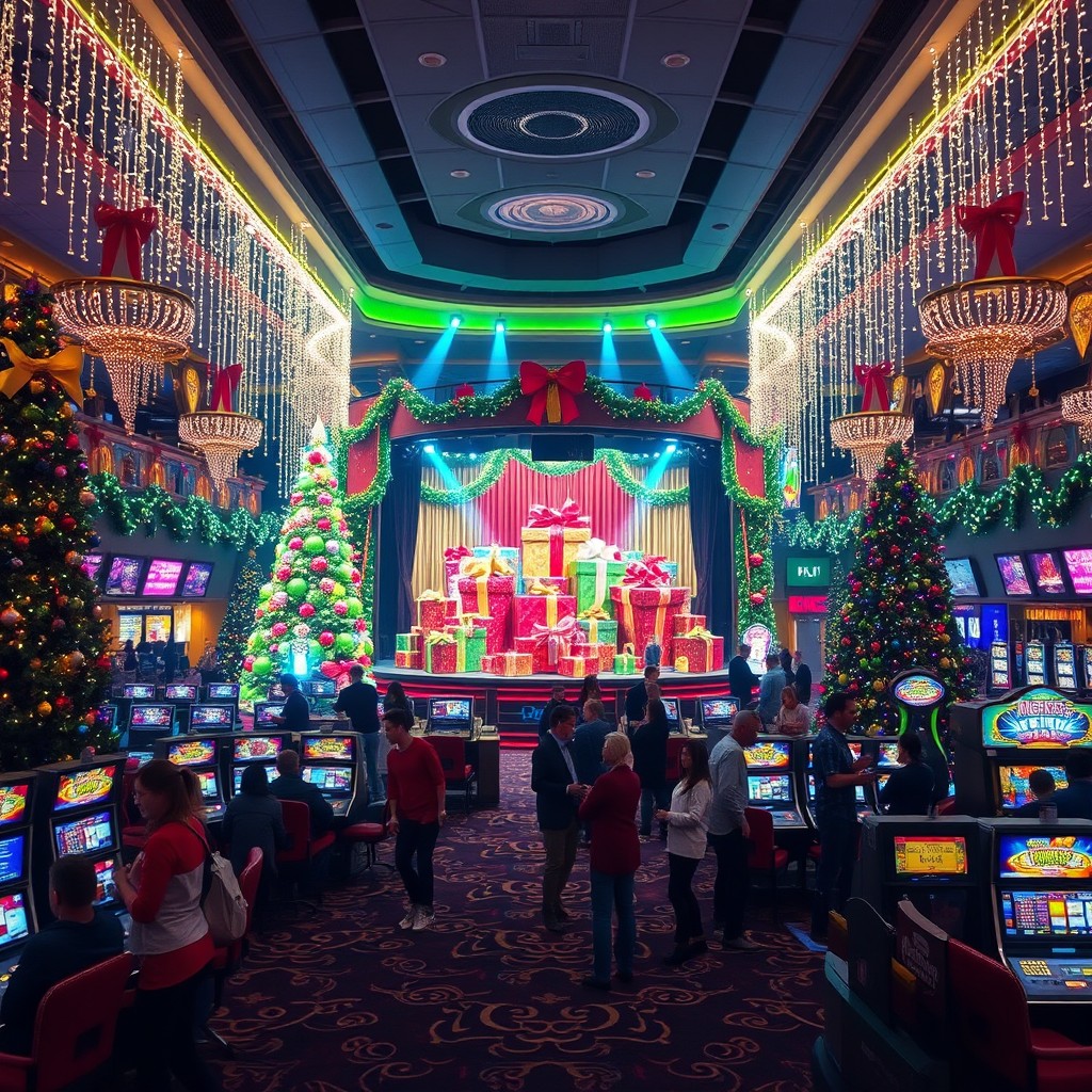 A vibrant casino decked out in a festive Christmas theme, featuring twinkling fairy lights, large Christmas trees adorned with colorful ornaments, and in the center, an elaborate main stage