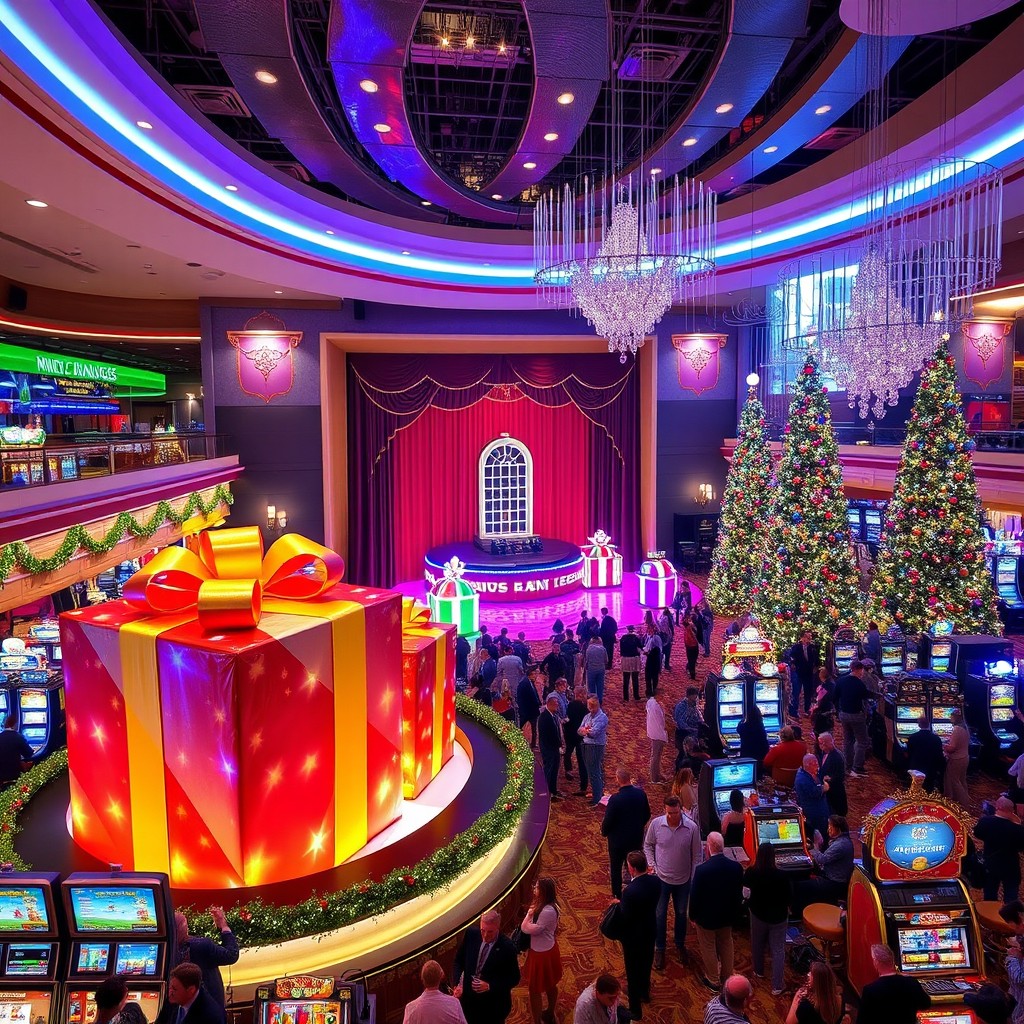 A lively casino adorned with an enchanting Christmas theme, featuring a beautifully decorated main stage that showcases large, colorful gift boxes wrapped in shiny paper and bows
