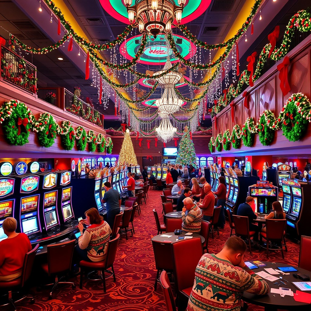 A lively casino transformed with a delightful Christmas theme, featuring colorful decorations such as twinkling fairy lights, beautifully adorned Christmas trees, and festive garlands
