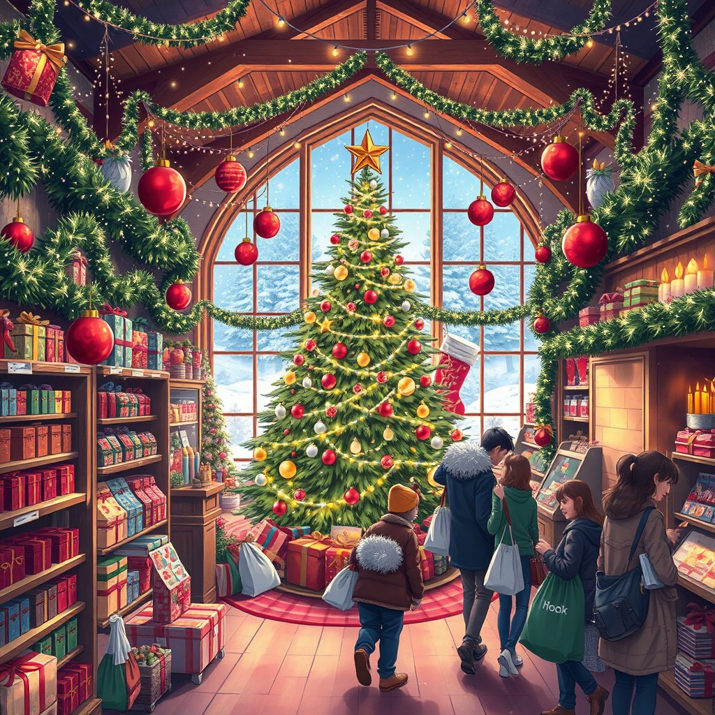 A beautifully detailed illustration of the interior of a Christmas store, filled with festive decorations and enchanting holiday spirit
