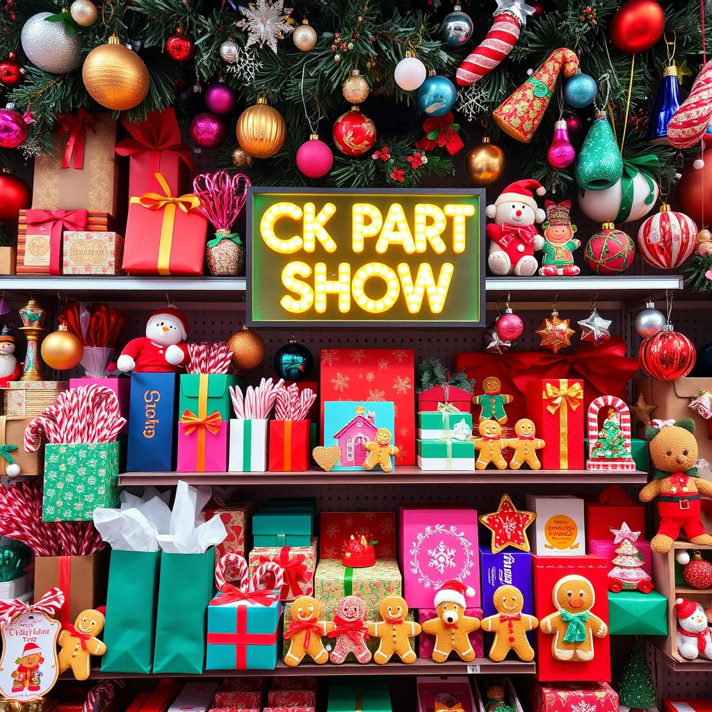 A vibrant and festive display of a Christmas store shelf filled with an array of holiday items
