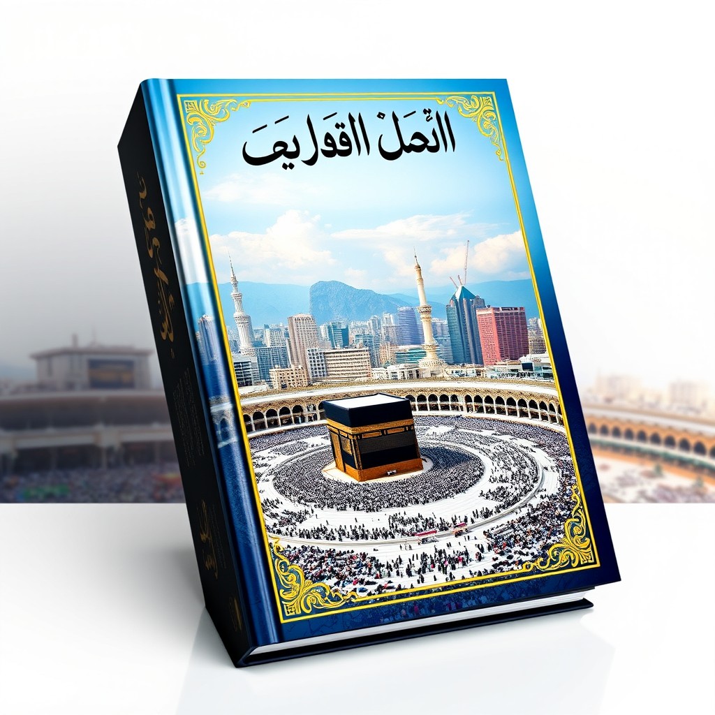 A thick book cover featuring a stunning view of Makkah city, showcasing the iconic Kaaba at the center surrounded by the magnificent Al-Masjid al-Haram, with pilgrims performing Tawaf