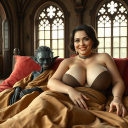 Two characters reclining on a large medieval bed inside an ancient palace, complete with old-style windows