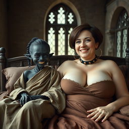 Two figures reclining on a large medieval bed in an ancient castle with old-style windows