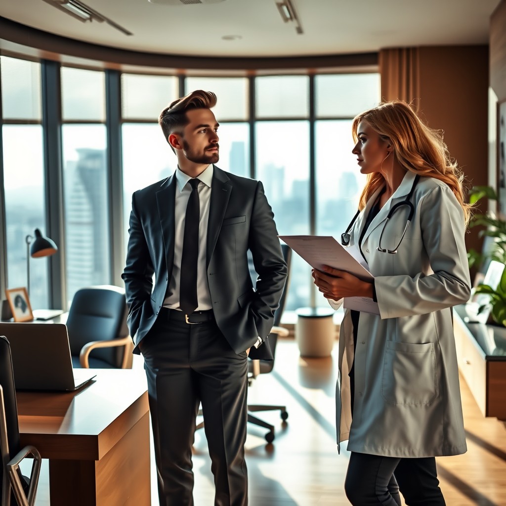 An intriguing romantic scene featuring a female doctor and a male CEO in a modern, luxurious office setting