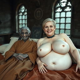 Two figures lying on a large medieval bed inside an ancient castle with old windows