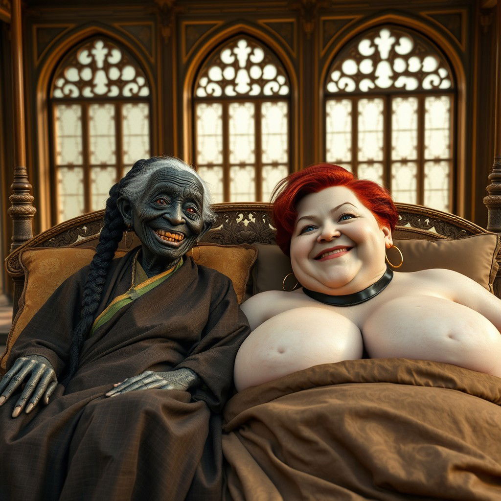 Two characters lying on a large medieval bed in a palace with ancient windows, evoking a rich and historical atmosphere