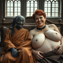 Two characters lying on a large medieval bed in a grand palace with ancient windows, creating an enchanting and historical scene