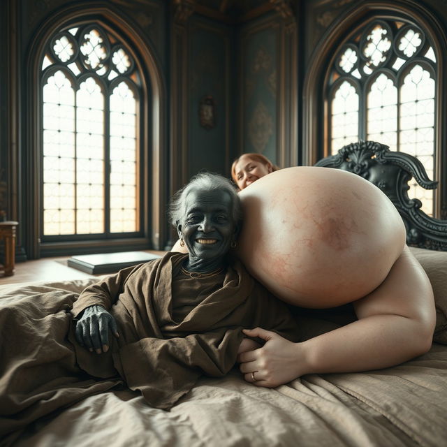 Two characters lying on a large medieval bed in a grand palace with ancient windows, creating an enchanting and historical scene