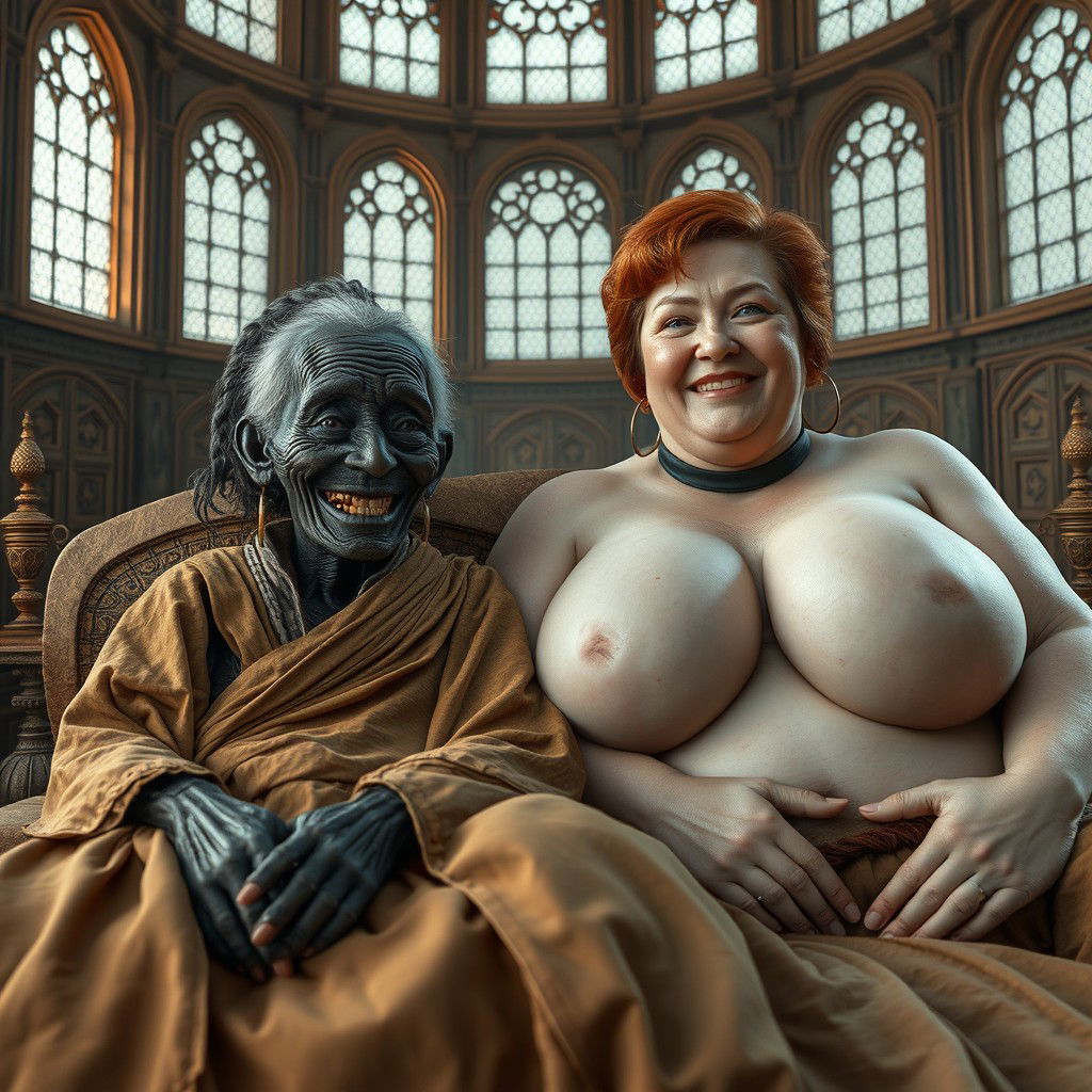 Two characters lying on a large medieval bed in a grand palace adorned with ancient windows, evoking an elaborate and historical ambiance