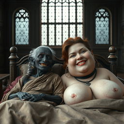 Two characters lying on a large medieval bed in a grand palace adorned with ancient windows, evoking an elaborate and historical ambiance