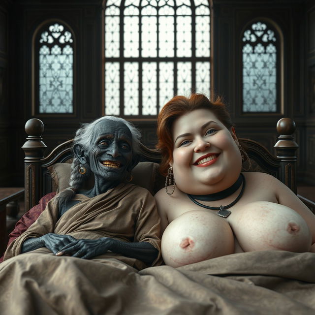 Two characters lying on a large medieval bed in a grand palace adorned with ancient windows, evoking an elaborate and historical ambiance