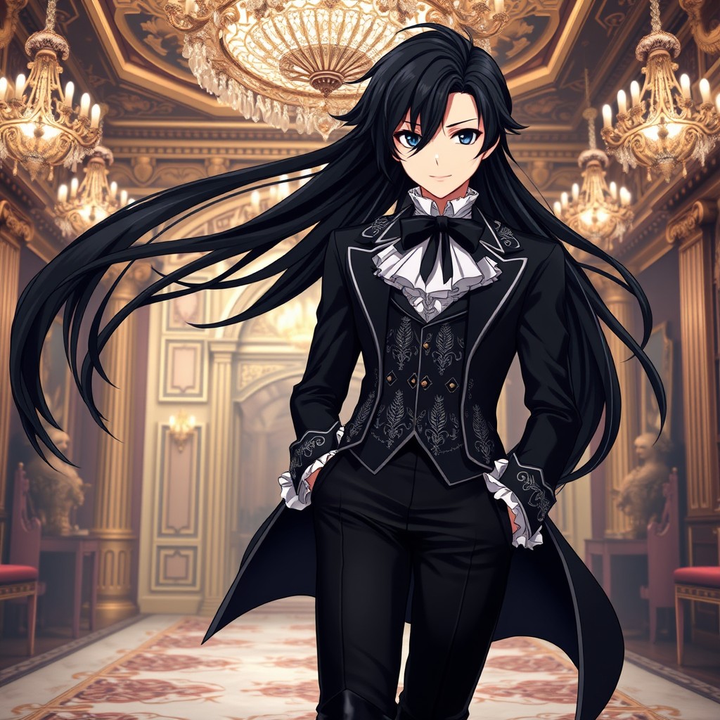 An elegant anime character with luxurious black hair that flows elegantly to their shoulders, styled in a refined manner suitable for 18th-century aristocracy