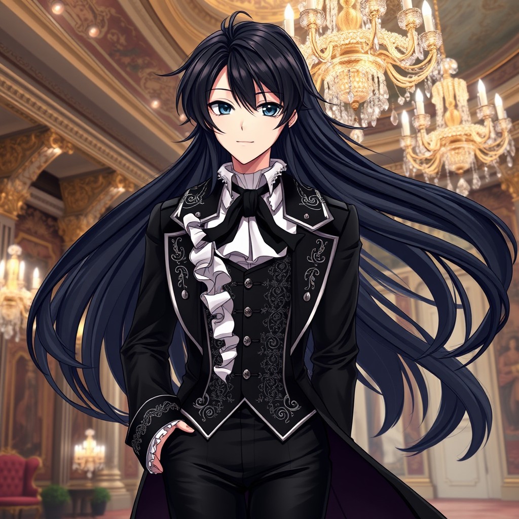 A sophisticated anime character with flowing black hair that smoothly cascades to their shoulders, styled in a refined manner appropriate for 18th-century aristocracy