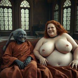 Two figures lying on an enormous medieval bed in a grand ancient palace featuring vintage windows that enhance the majestic setting