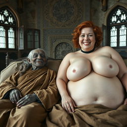 Two figures reclining on an enormous medieval bed in an ancient castle, adorned with vintage windows that contribute to the majestic setting