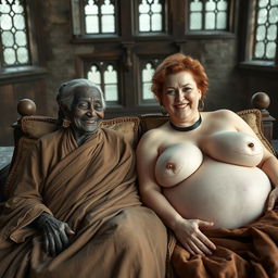 Two figures reclining on an enormous medieval bed in an ancient castle, adorned with vintage windows that contribute to the majestic setting