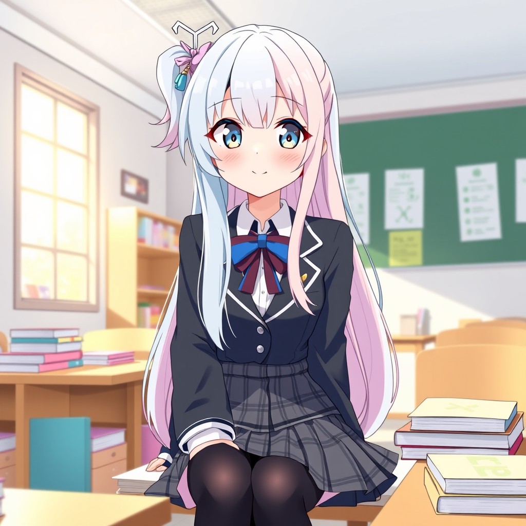 An anime-style illustration of a Gemini-themed school girl, embodying the duality associated with the zodiac sign