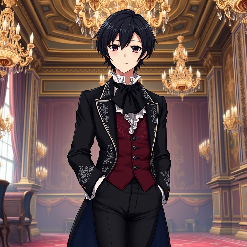 An elegant anime character featuring sleek black hair styled into a sophisticated cut that falls gracefully to their shoulders, embodying the essence of 18th-century aristocracy