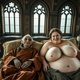 Two figures lying on a gigantic medieval bed in an ancient royal castle, featuring vintage windows that catch the light beautifully