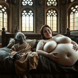 Two figures lying on a gigantic medieval bed in an ancient royal castle, featuring vintage windows that catch the light beautifully