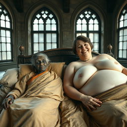 Two figures lying on a gigantic medieval bed in an ancient royal castle, featuring vintage windows that add to the charm of the setting