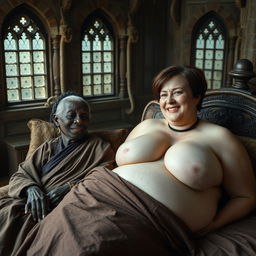 Two figures lying on a gigantic medieval bed in an ancient royal castle, featuring vintage windows that enhance the historical charm