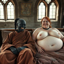 Two figures lying on a large medieval bed in an ancient palace with old windows