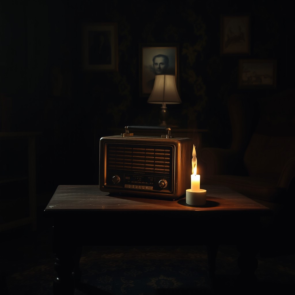 An old radio sitting on a wooden table in a dark living room, softly illuminated by a single flickering candle