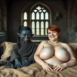 Two figures lying on a large medieval bed in an ancient castle with old windows: a tiny, malevolent female Fairy Goblin characterized by very dark black skin, extremely small and malnourished, with a tiny face and a smile displaying rotten teeth