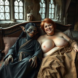 Two figures lying on a large medieval bed in an ancient castle with old windows: a tiny, malevolent female Goblin described as an inferior-sized dark-skinned fairy, with a malnourished body and a very small face, smiling with rotten teeth