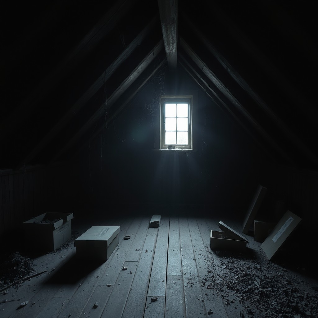 A dark and empty attic of an old detached house, featuring wooden beams and dusty floorboards