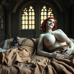 Two characters lying on a large medieval bed in an intricate medieval room with ancient windows
