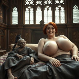 Two characters lying on a large medieval bed in a grand medieval palace with ornate ancient windows