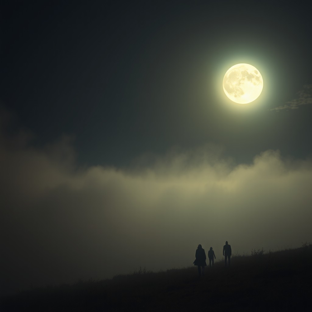 A night vision of a hauntingly beautiful landscape, featuring eerie spotlights that rise majestically into the sky
