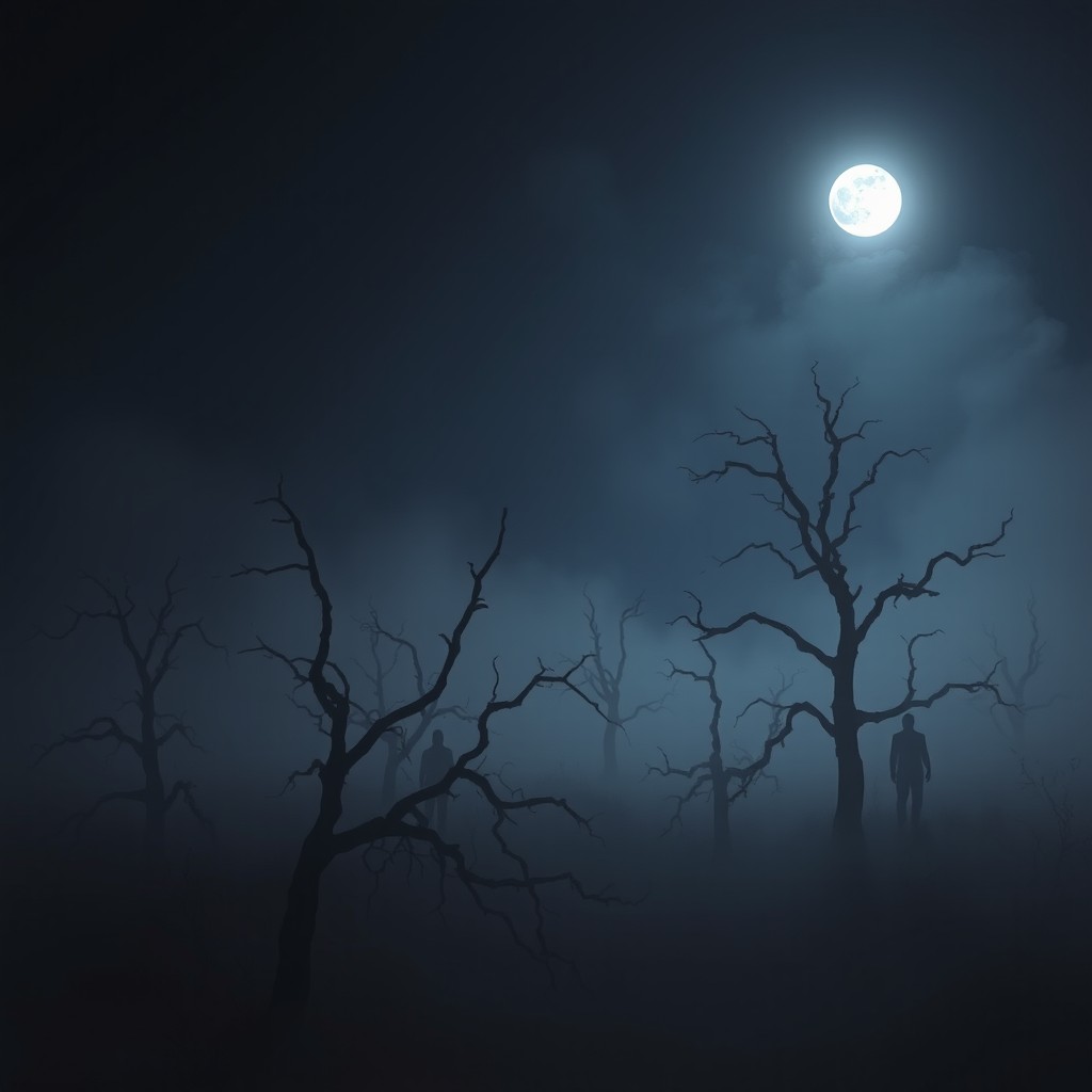 A night vision of a hauntingly beautiful landscape, featuring eerie spotlights that rise majestically into the sky