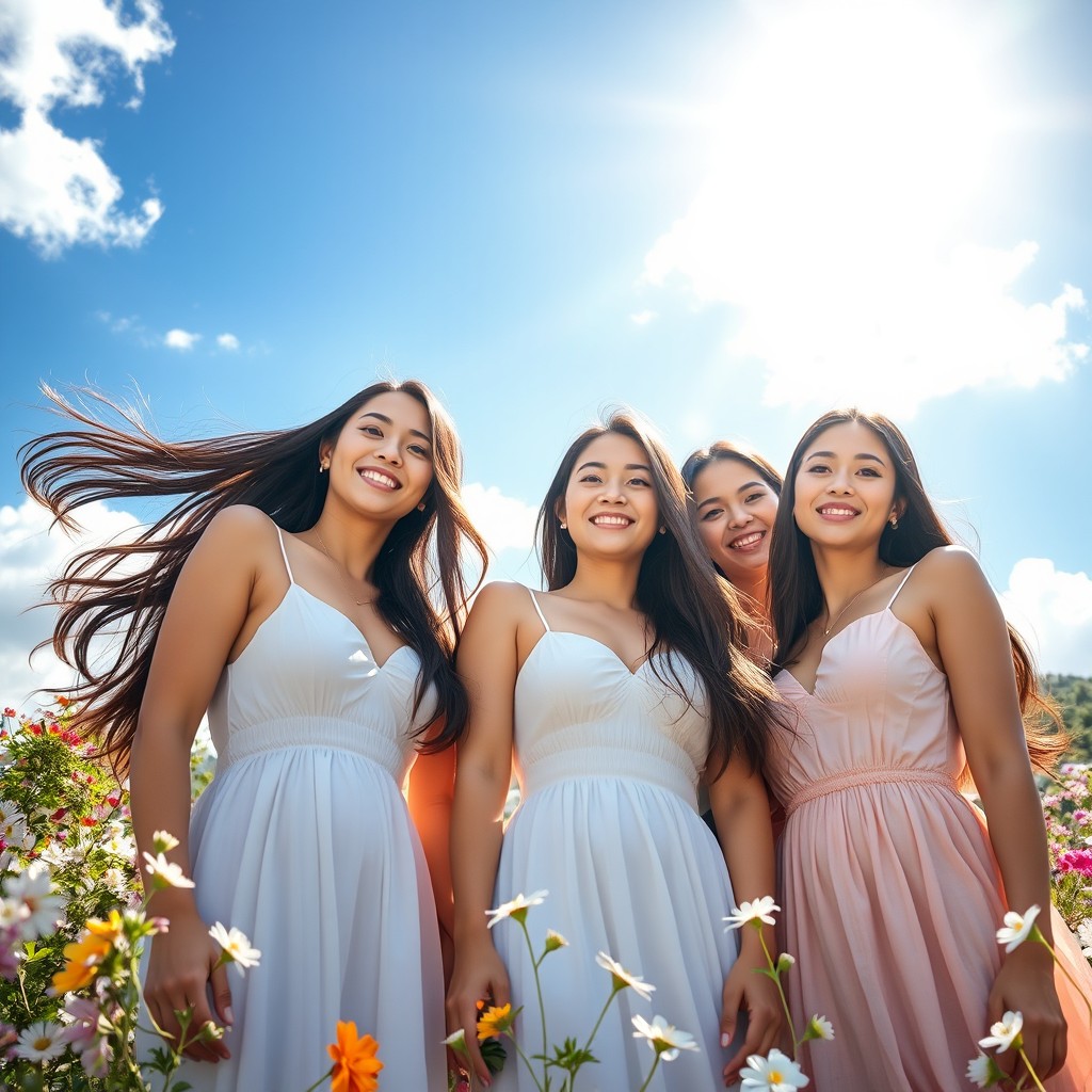 A stunning portrait of beautiful Asian women with long, flowing hair, embracing the warmth of a bright sunny day