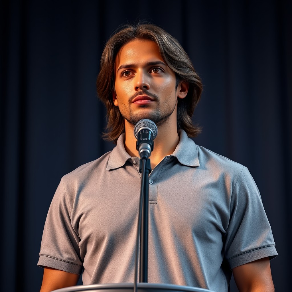 A high-end, ultra-realistic portrait of an attractive adult man with light brown skin and long hair, standing comfortably in front of a microphone on a pedestal, on a well-lit stage