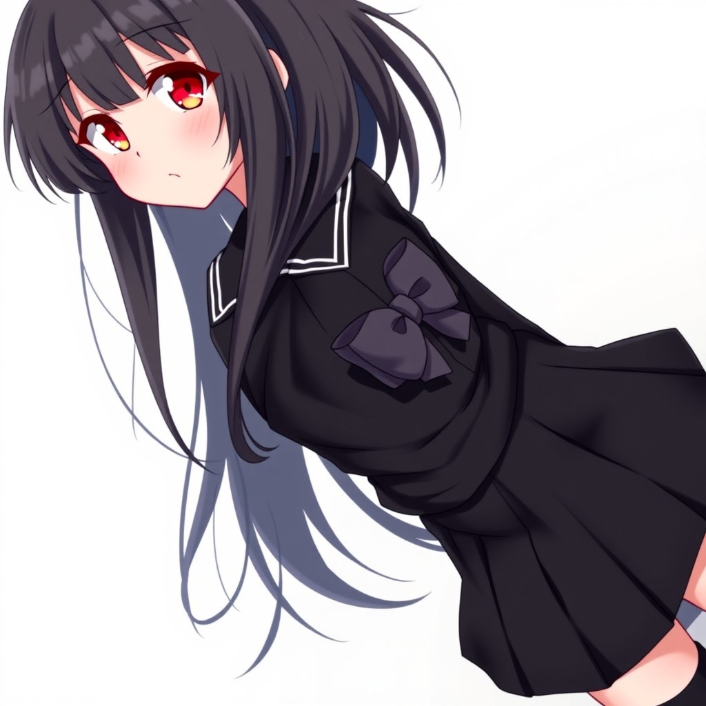 A stunning anime girl with long black hair cascading down her back, vibrant red eyes that sparkle with confidence, wearing a classic black school uniform