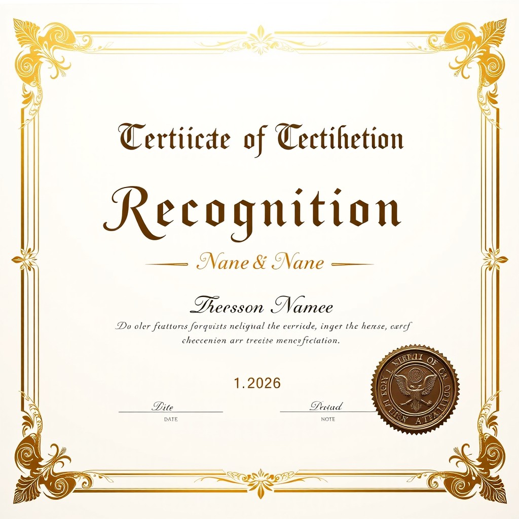 A beautifully designed certificate of recognition, featuring an elegant border and a formal layout