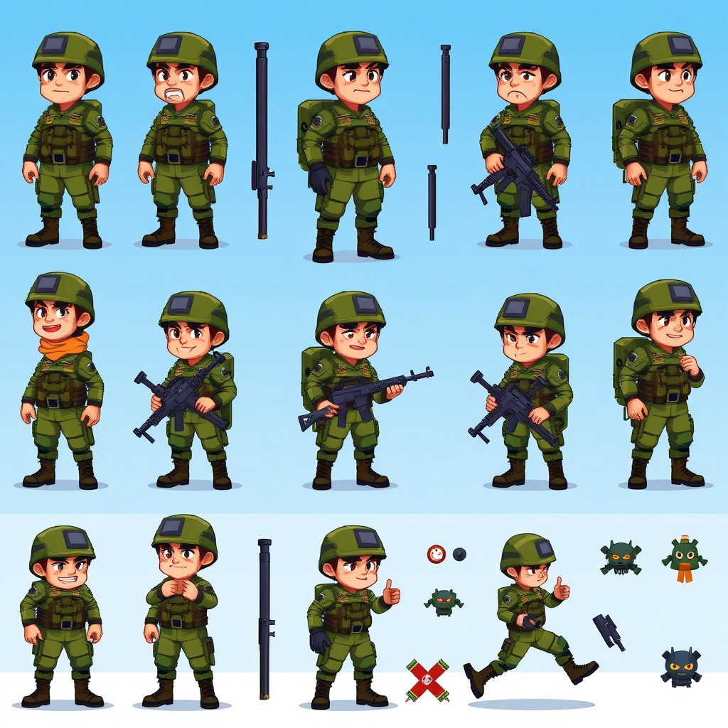 A pixel art character sheet featuring a detailed soldier in various poses, suitable for Unity game development
