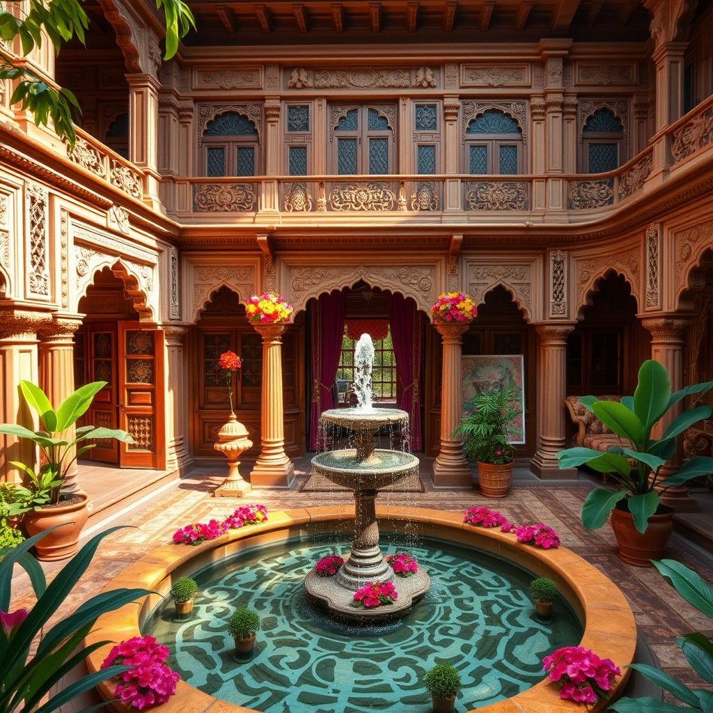 A luxurious ancient Indian house featuring intricate carvings and ornate architecture, surrounded by lush greenery